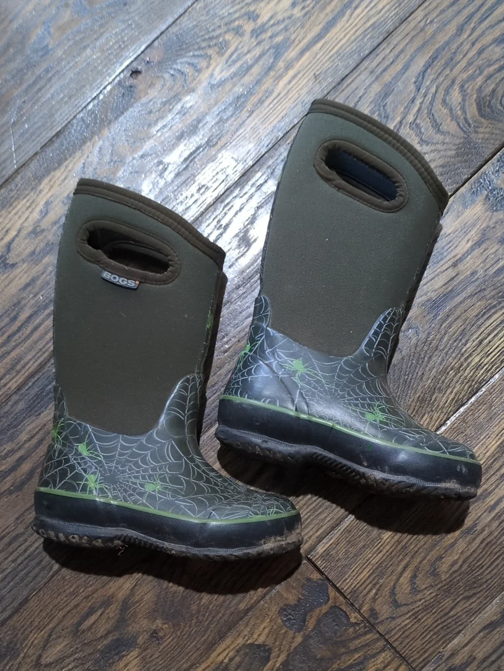 Bogs Kids Olive Green Spider Web Rain Boots with Neon Green Accents